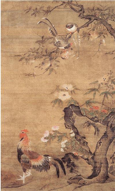 画鸡寓大吉:“鸡画”在生肖画中有何特殊之处 明 吕纪 榴葵绶鸡图 200.8×105cm 绢本