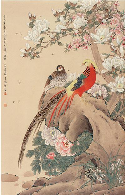 画鸡寓大吉:“鸡画”在生肖画中有何特殊之处 现代 喻继高 玉兰锦鸡 146×83cm 2001年纸本