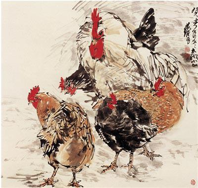 画鸡寓大吉:“鸡画”在生肖画中有何特殊之处 现代 黄胄 五鸡 64×66cm 1983年 纸本