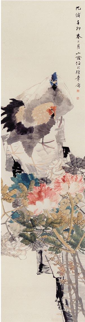 画鸡寓大吉:“鸡画”在生肖画中有何特殊之处 清 任伯年 牡丹双鸡图 148.5×39.8cm 1891年纸本